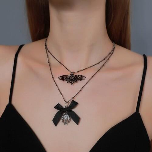 Skull Bowknot Pendant Necklace for Women 2021 Goth Aesthetic Layered Accessories Punk Black Bat Chain Jewelry Charm Choker Gift