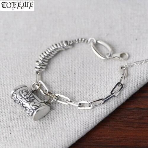 100% 999 Silver Chain Bracelet Vintage 925 Stering Lotus Flower Charm Bracelet Good Luck Women Bracelet