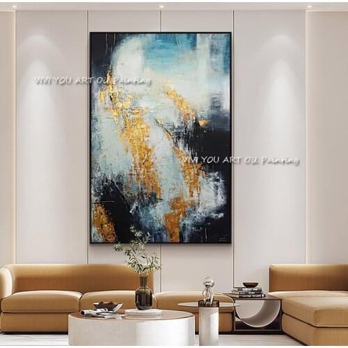100% Handmade Artwork Abstract Blue Gold Foil Oil Painting Large Size Modern High Quality Grey For Home Decoration As A Gift