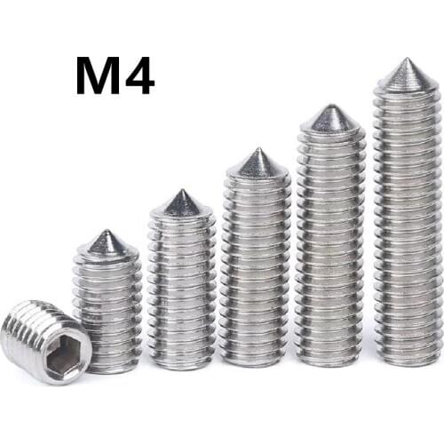 100pcs/lot DIN914 GB78 M4x3/4/5/6/8/10/12/16/20/25/30mm 304 Stainless steel hexagon socket set screw with cone point
