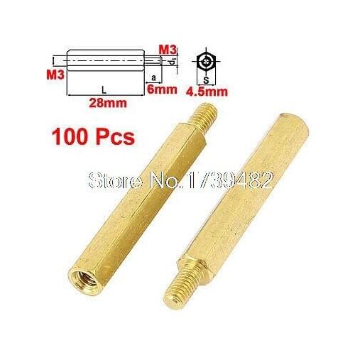 100Pcs M3 Male to Female 28mm+6mm Brass Hex Screw Standoff Spacer for PCB Board