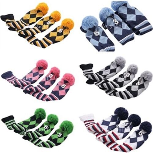 3 Pcs/set Knitted Pom Pom Hybrid Club Head Cover Wool Knitted Green Wood Headcover of Golf Club