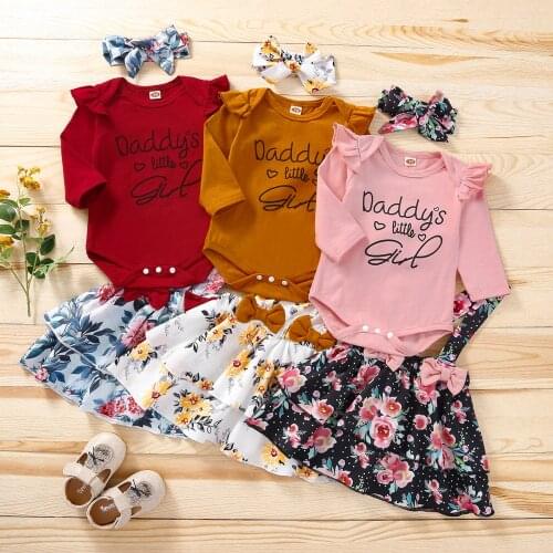 0-18M New Spring Fall Kids Clothes Sets Toddler Girl Letters Print Long Sleeve Romper Floral Suspenders Skirt Hairband 3pcs Sets