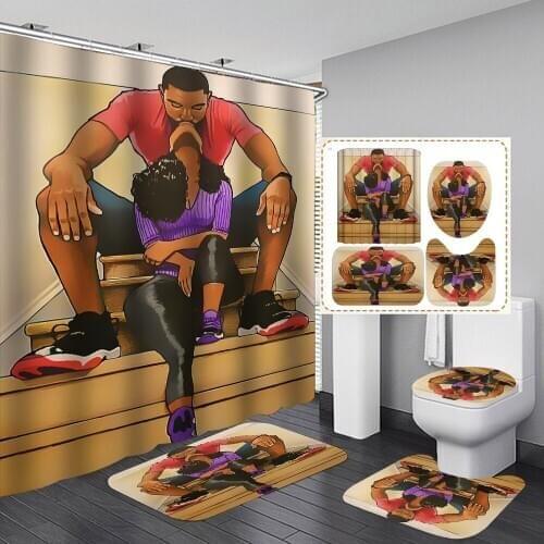3D Stairs Lover Africa American Shower Curtain Sets Afro Girl Non-Slip Rugs Toilet Lid Cover and Bath Mat Bathroom Curtains Set
