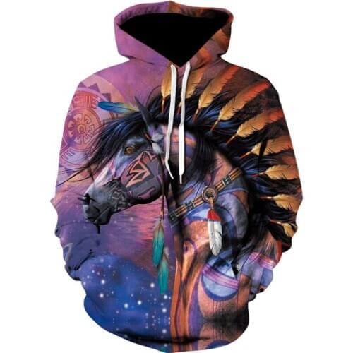 New designer mens fall casual long sleeve hooded sweatshirt fashion color horse print animal print hoodie