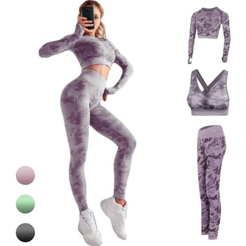 3PCS Seamless Women Yoga Set Workout Sportswear Gym Clothing Fitness Bra Long Sleeve Crop Top High Waist Leggings Sports Suits