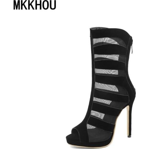 MKKHOU Fashion Sandals Boots Women New Summer Sexy Mesh Stitching Fish Mouth Fine Heel 12 cm High Heels Large Size 28-52