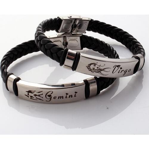 Mibrow New Braided Leather Bracelet for Men Women Stainless Steel Clasps 12 Zodiac Sign Bracelet Men Women Jewelry Pulseras