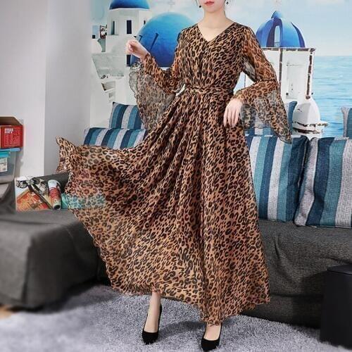 Bell Sleeve Bohemian Leopard Print Chiffon Long Plus Size Summer Wedding Guest Beach Holiday Maxi Dress Bridesmaid Sundress