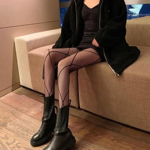 Women Goth Punk High Waist Fishnet Pantyhose Rhombus Striped Jacqaurd Stretchy Tights Hollow Out Mesh Grid Stockings