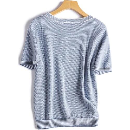 Double Jacquard silk nylon blend knit women fashion oneck thin t-shirt pullover tees short sleeve blue M/L wholesale