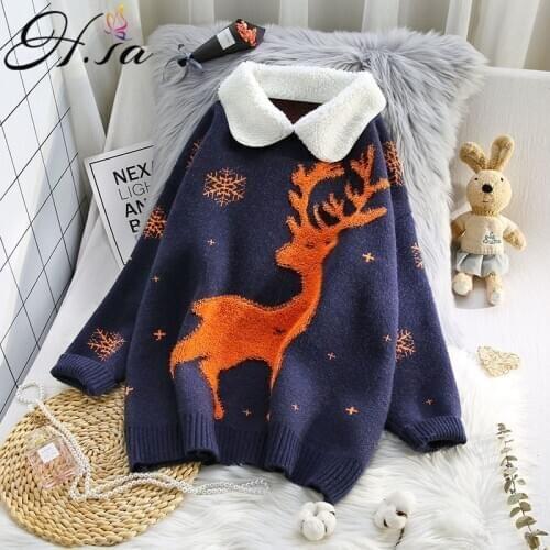 H.SA winter woman 2021 Pullover and Sweaters Turn Down Collars Cartoon Cute Christmas Sweaters Deer oversize jumper
