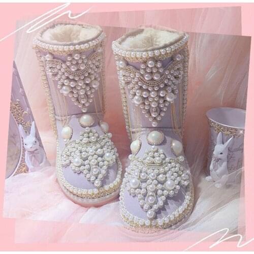 Ins leather suede mid-tube snow boots womens shoes flat gold pearl autumn and winter 2021