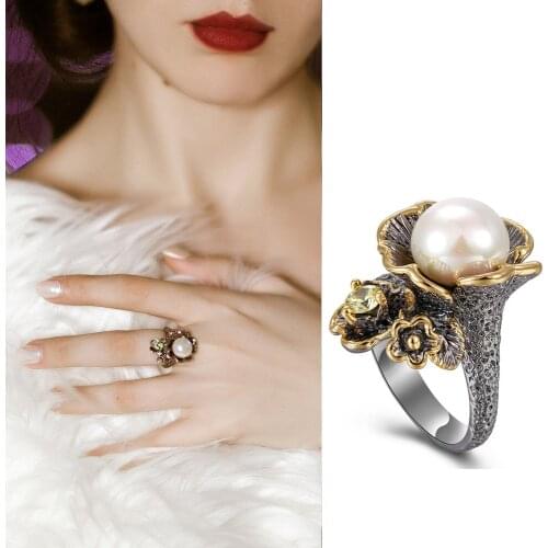 Big flower ring with pearl olivine stones anel female black gold color jewellery high quality ring trendy Jewelry gifts