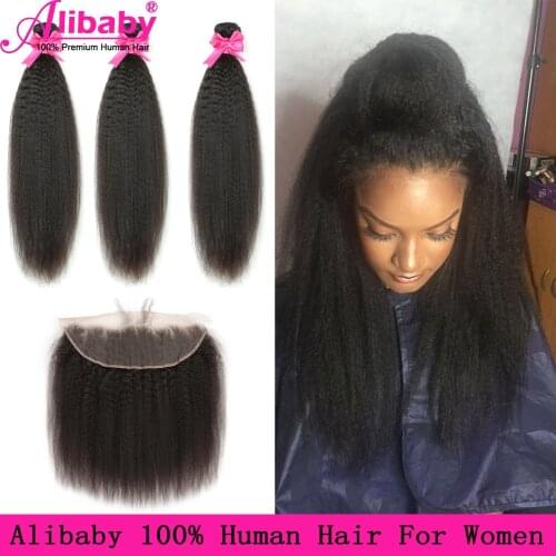 Kinky Straight Bundles Yaki Straight Bundles With Frontal Closure 13×4 Lace Hair Weaving Human Hair Bundles With Frontal Closure