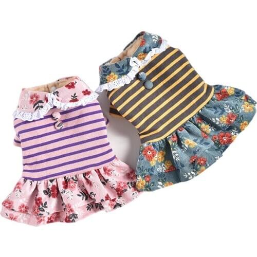 Cute Stripe Floral Dog Dress Winter Pet Clothes Warm Dog Clothing Outfit Yorkshire Pomeranian maltese Poodle Schnauzer Costume