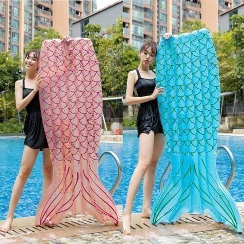 Lovely Super Pink Sequined Mermaid Floating Row Fish Tail Swimming Circle Riding Inflatable Overwater Raft Air-Mattress Summer