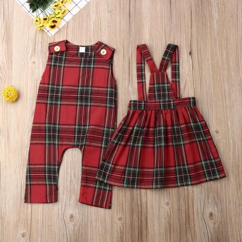 Christmas Toddler Baby Kid Girl Clothes Children Red Plaid Ruffles Skirts Newborn Baby Girl Rompers Overalls Xmas Girls Costumes