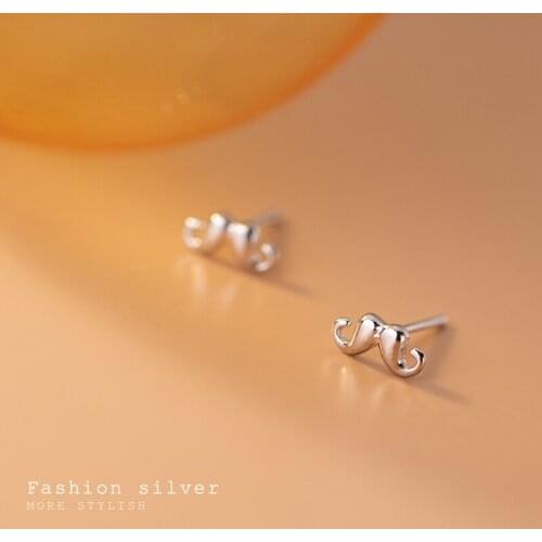 Real 925 Sterling Silver Cute Mini Mustache Stud Earrings Simple Jewelry for Women Girls