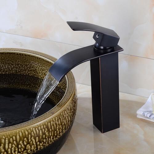 Bathroom Waterfall Faucet Basin Faucet Black Oil Brushed Brass Faucet Vanity Vessel Sink Mixer Cold And Hot Water Tap Deck Mount