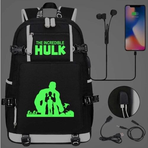 Marvel SuperHero Hulk Backpack USB Charging Port School Shoulder Bag Teentage Laptop Travel Casual Backpack