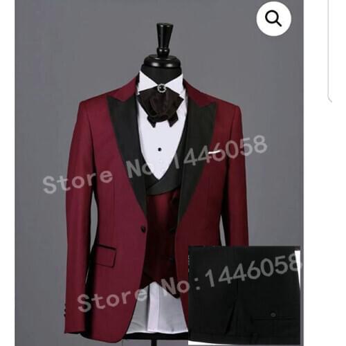 SZ Elegant 3 Pieces Men Wedding Suits 2018 Formal Peak Lapel Groom Tuxedos Terno Slim Fit Burgundy Groomsmen Best Man Blazer