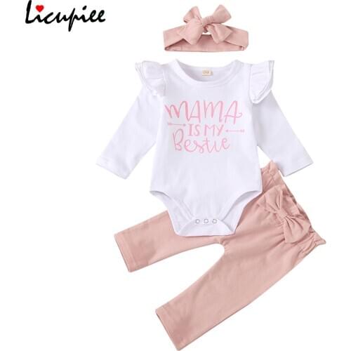 New Born Girls Warm Suit, Letter Print Lace Long Sleeve Top, Solid Color Bow Long Pants with Hair Band 3-piece Suits 0-18 Months
