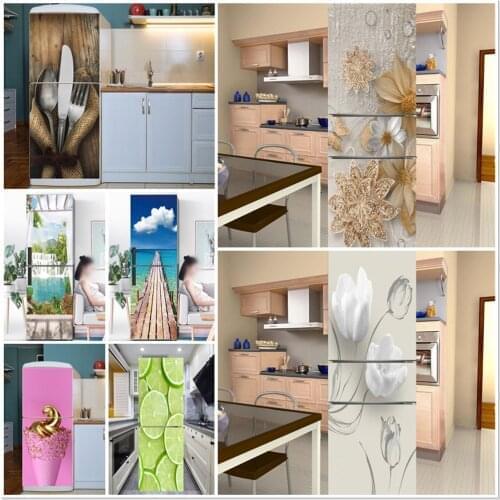 Fork Knife Vinyl Self Adhesive Wallpaper For Refrigerator Door Diamond Flower Natural Landscape Freezer Wrap Covering Home Decor