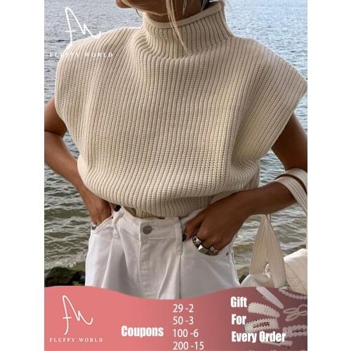 Turtleneck Sleeveless Vest Sweater Knitted Jumper Tops Pullovers Casual Sweaters Women Tops with Shoulder Pads Autumn Winter