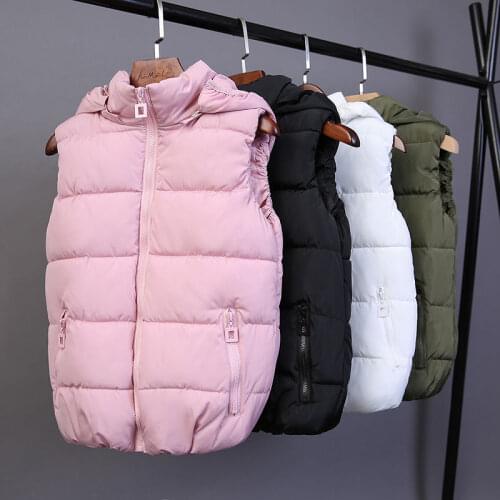 2021 Autumn Winter Women Outwear Cotton Vest Short Down Waistcoat Ladies Jacket Detachable Hat Female Sleeveless Coat Top L803