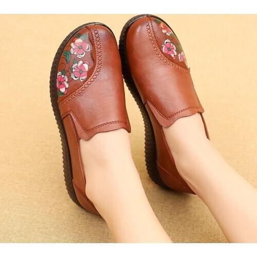 Oxford shoes for female genuine leather flats 2021 fashion vintage flower mother casual loafers woman flats