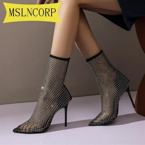 Plus Size 34-46 Bling Crystal Mesh Boots Women Runway High Heels Shoes Thin Heels Pumps Sexy Ladies Party Wedding Sandals Boot