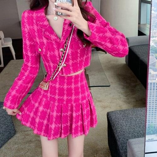 2021 Korean Chic Autumn Plaid Tweed Lapel Long Sleeve Short Blazer Coat + High Waist Pleated Mini Skirts 2 piece Set