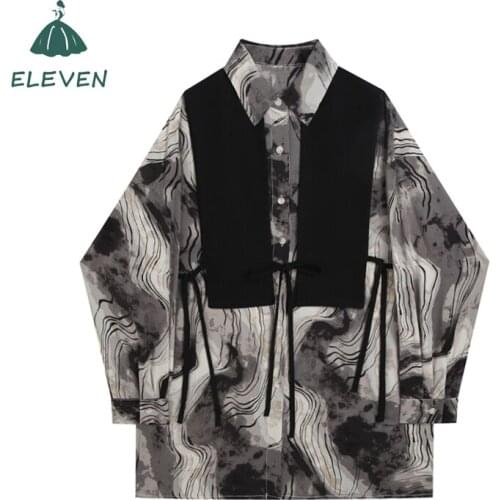 New Tie-Dye Shirt Suit Womens Autumn Blouse Harajuku Loose Long-Sleeved College Style Shirt and Vest Two-Piece Suit