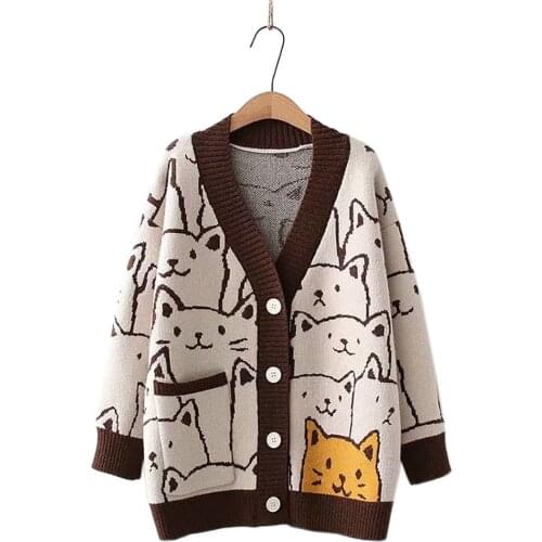 Harajuku Kawaii Cartoon V Neck Cardigan Women Cute Cat Vintage Knitted Sweater Female Retro Fashion Long Sleeve Knitwear Coat YL