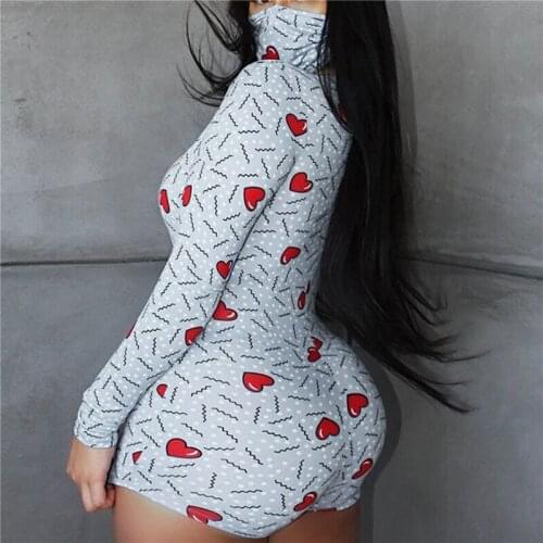 Sexy Lady Bodysuit Women Deep V Neck Mature Long Sleeve Bodycon Love Heart Print Jumpsuit Shorts Romper Face Cover Bodysuit