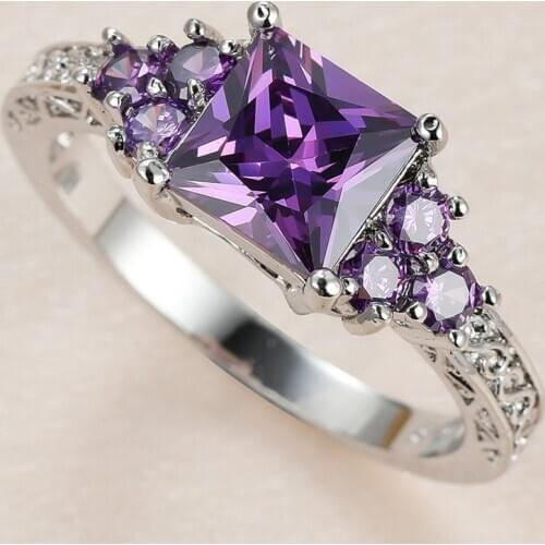 Purple Square Stone Ring Luxury Crystal Zircon Rings For Women Wedding Jewelry Vintage Fashion Silver Color Engagement Ring Gift