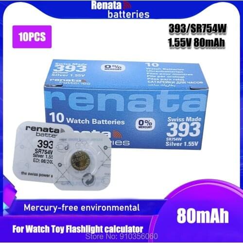 10pcs/lot RENATA Silver Oxide Watch Battery 393 SR754W 754 155V 100% 393 renata 754 Battery