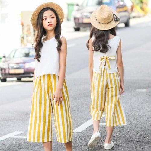 2021SummerGirls Casual Clothing Sets Children Sleeveless Tops + Stripes Wide Leg Pants Outfits 2PcsChildren Outfits 8101214Years