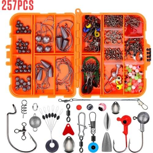 257pcs Texas Fishing Kit Including Fishing Beads Sinker Weights Snaps Rolling Swivel Connector Bass Perch Sea Rock Crank Hook
