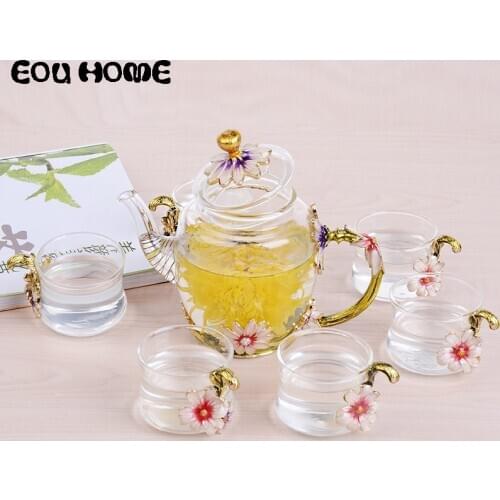 7Pcs/Set Gift Box Enamel Teaware Sets Red Rose blue Rose Teapot Set Water Cup Kung Fu Tea Set Elegant Color Lead-free Material