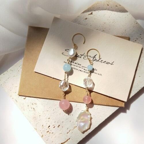 Lii Ji Asymmetric Earrings 14K Gold Filled Aquamarine Rose Quartz Baroque Pearl Crystal Natural Stone Unique Jewelry