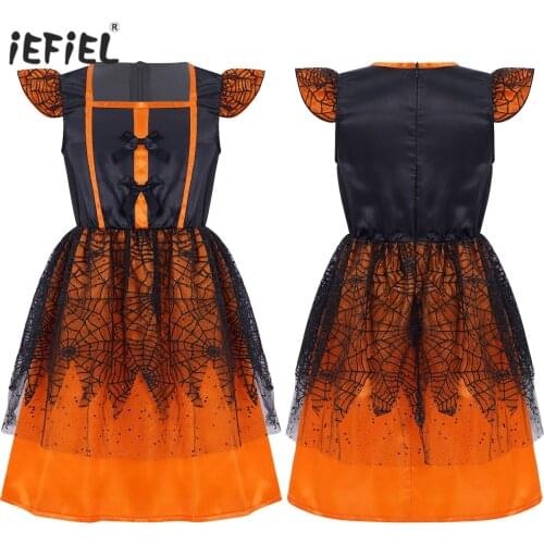Kids Girl Halloween Costume Ruffle Sleeves Bowknot Front Dresses Invisible Zipper Back Spider Mesh Style Dress For Scary Cosplay