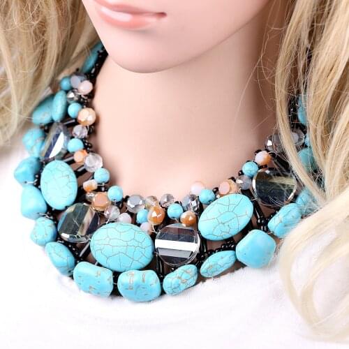 HAHA&TOTO Womens Handmade Necklace Imitation Turquoise and Crystal Beads Knitting Statement Choker Necklace Bib Chunky Jewelry
