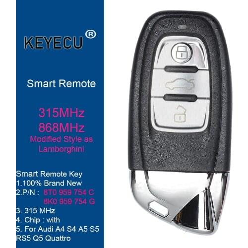 KEYECU Modified as Lamborghini Smart Remote Control Car Key for Audi A4 A5 S4 Q5, Fob 3 Button - 315MHz/ 868MHz - 8T0 959 754 C