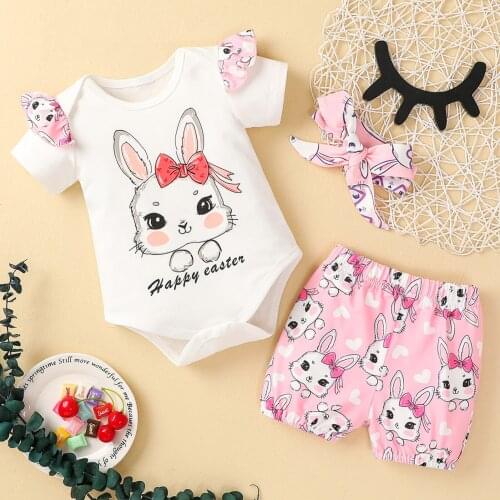 2021 Newborn Toddler Baby Girls Clothes Sets Easter Eggs Letter Romper+ Rabbit Shorts+Headbands Outfits Sets комплекты одежды L