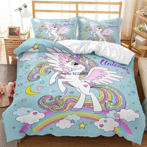 Nordic Girl Pink Purple Heart Rainbow Horse Unicorn Series Quilt Cover Bedding Set Double Bed Full Size Super Adult Sheet