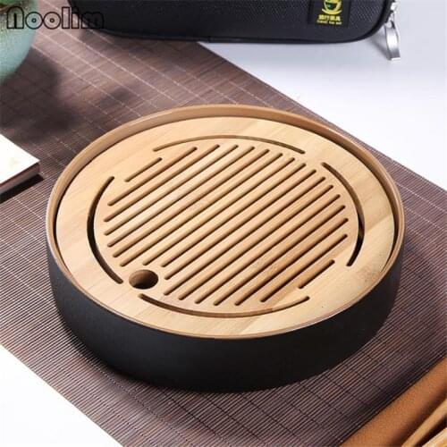 Creative Black Ceramic And Bamboo Tea Tray Japanese Style Simple Serving Tray Home Use Teahouse Table Ornaments