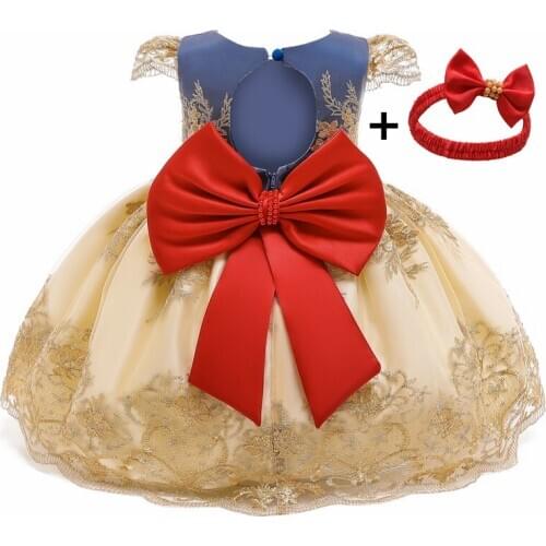 Kids Clothing Baby Mid-Calf Princess Dress Lace Flower Print Girl Dress Bowknot Party Costume Birthday Christening Baptism