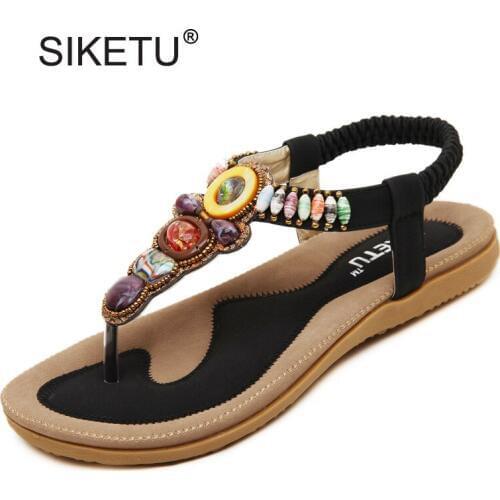 Size 35-42 Summer Bohemia Flat Sandals Women Flip Flops Elastic Band Thongs Wear-Resistant Soft Sole Outdoor Casual Shoes Woman